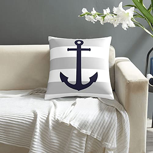 Square Nautical Navy Blue Anchor On Gray Stripes Throw Pillow Cover Decorative Pillow Cover Perfect Decor Gift For Sofa Bedroom Home Decoration 18X18 #TOP7