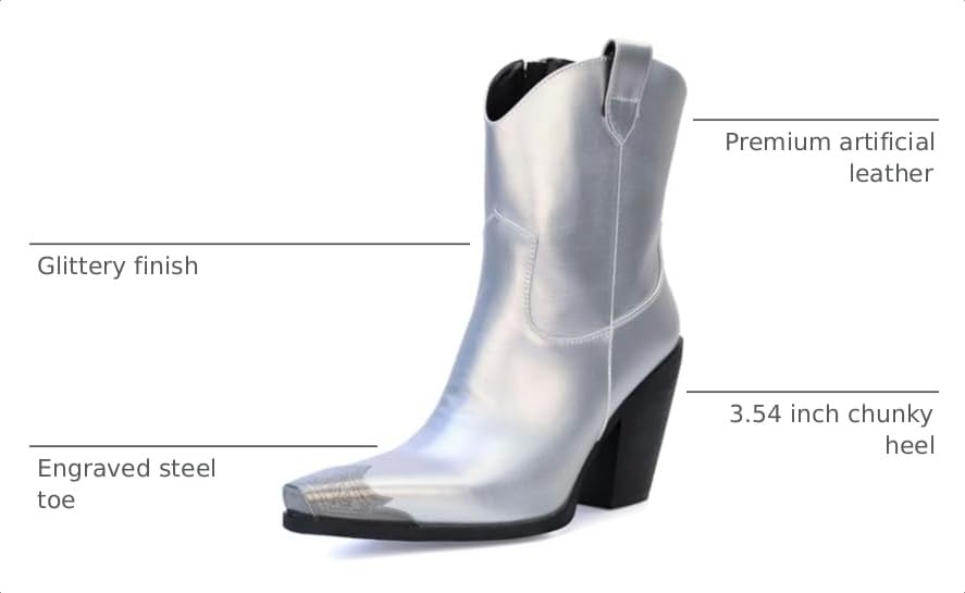 Image of Cowboy Ankle Boots for Women Engraved Steel Toe Cowgirl Boots Stacked Block Heels Short Cowboy Boot Fashion Dressy Western Country Booties