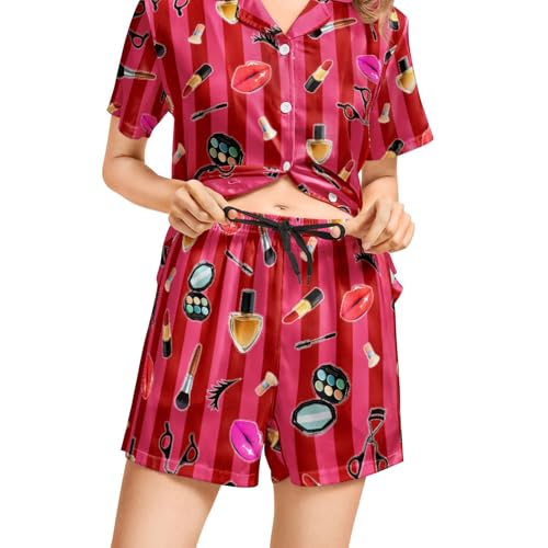 Image of Funny Pajamas for Women Set Print Satin Loungewear Pjs Short Sleeve Button Down Top and Shorts Sets Sleepwear XS-3XL