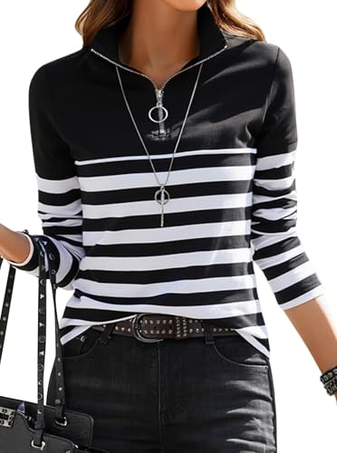 LilyCoco Womens Striped Long Sleeve Shirt Color Block Zipper Polo T Shirts4