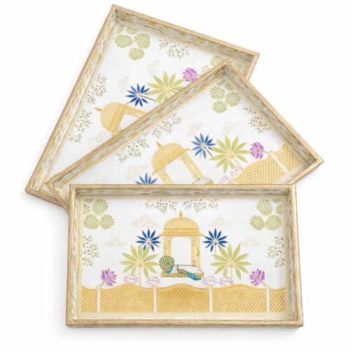 Image of Wooden Enamel Coated Serving Tray Set of 3 for Home Decor Multipurpose Rectangular Trays for Kitchen Living Room and Coffee Table with Printed Design (C-2)