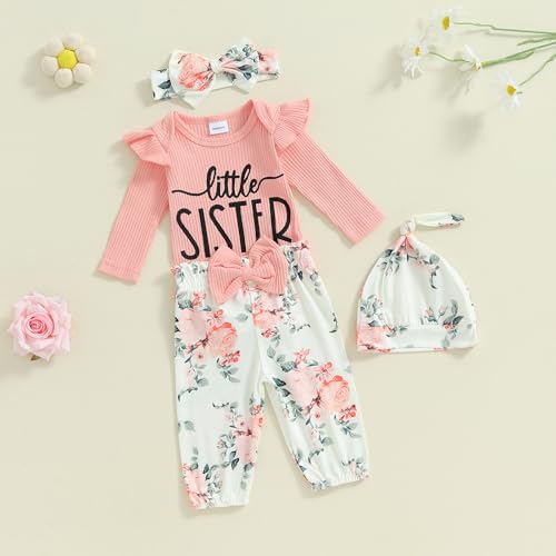 Newborn Baby Girl Clothes Outfits New To The Crew Bodysuit Romper Floral Pants Headband Hat Coming Home Outfit2