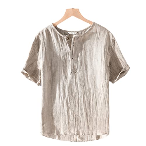 Lmtossey Chemise D'Été 100% Lin À Manches Courtes Pour Homme, Kaki, M