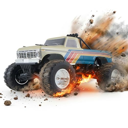 FMS 1/10 Ford F-100 Brushless RC Truck, 1973 Licensed RC Car for Adults, 55KM/H High Speed 2WD RC Crawler, Hobbywing 60A ESC & 3652 Motor, All-Metal Gears & Steel CVD Drive Shafts, RS (Blue/Green)