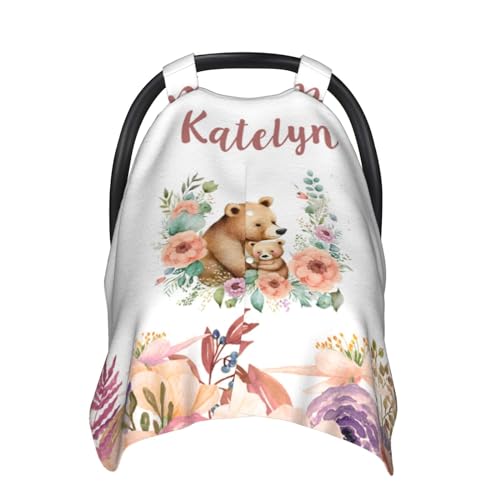 Personalized Baby Car Seat Canopy for Babies, Custom Name Stroller Car Seat Covers for Girls Boys, Floral Bear Minky Nursing Carseat Cover for Breastfeeding, Car Seat Canopies for Newborn Infant
