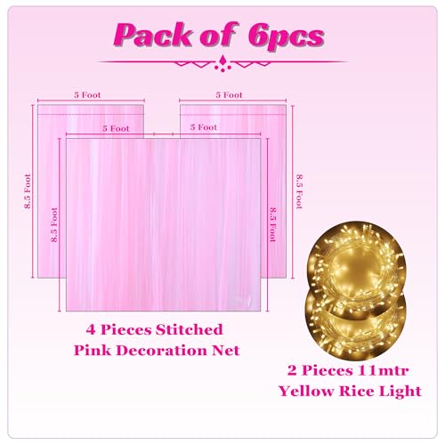 Image of 1iAM 6pcs Pink Decoration Net Light Combo - 4pcs Large, Stitched with Ribbon, Nylon Made, Reusable, Soft, Wrinkled Free, 8.5x5ft Each, Backdrop Decor Net & 2pcs 11m Rice Light for Any Party or Event