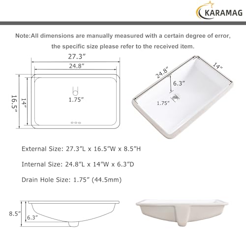 Image of 27 Inch Undermount Bathroom Sink Rectangle Undermount Sink White Ceramic Under Counter Bathroom Sinks with Overflow (27.3 inchx16.5 inch)