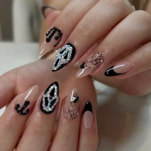 24Pcs Halloween Ghost Press On Nails Almond Fake Nails with Rhinestones