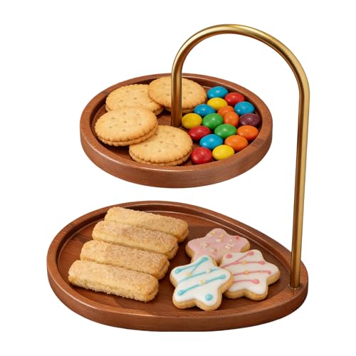 Bandeja de madera | Soporte de exhibición vintage redondo de 2 niveles – Expositor decorativo de madera para bandeja, para joyas, reloj de maquillaje, gafas, salón de peluquería, mesa de camino