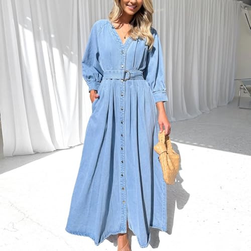 utcoco Womens 2025 Fall Winter Denim Shirt Dress V Neck 3/4 Long Sleeves Button Down Belted Jean Maxi Dresses4