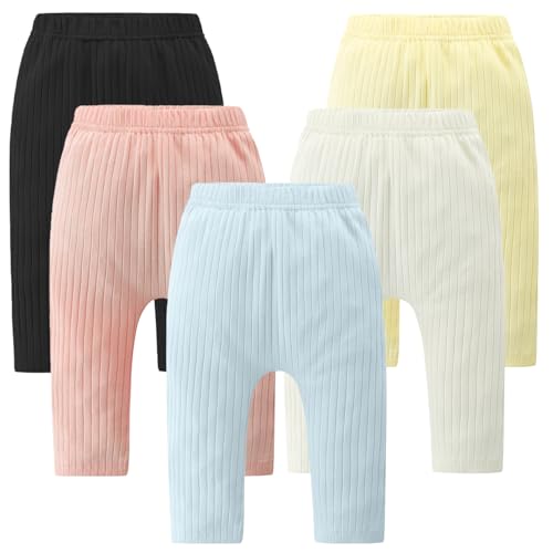 Image of Fullfamous Baby and Toddler Girl's 5 Pack Cotton Ribbed Pull On Pants Leggings 0-4 Years