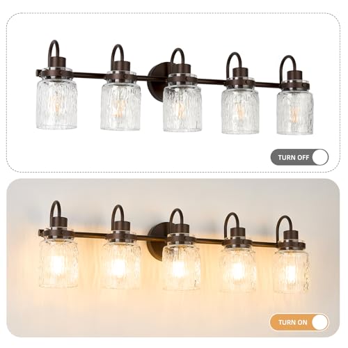 Image of 5 Lights Hammered Glass Bathroom Vanity Light, Oil Rubbed Bronze | Easy Installation,Up or Down,Farmhouse Modern Style,E26 Socket,ETL Certification