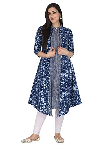 Image of KANNAHI Women Pure Cotton Printed Straight Calf Length Regular Jaipuri Kurta and Shrug Set with Floral Print for Womens & Girls Grey