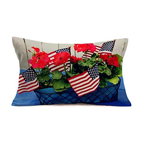 Royalours USA American Flag Throw Pillow Covers 12x20 Inch Patriotic Pillow Cover Lumbar Decorative Red Flower with Flag Star Cushion Cover Cotton Linen for Sofa Couch Bed (RCL 20) Cover