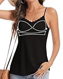 WOWENY Women Lace V Neck Tank Top with Built in Bra Spaghetti Strap Dressy Casual Summer Camisole Padded Sexy Going Out Cami Black