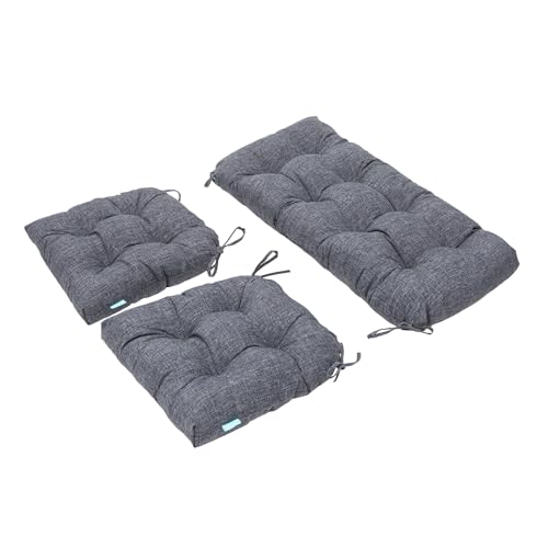 Image of QILLOWAY Outdoor Patio Cushions Set of 3, Wicker Furniture Cushions with Ties, Waterproof Loveseat & Seat Cushions for Patio Bench, Porch Chair, Outdoor Replacement Cushions, Charcoal Grey, Black