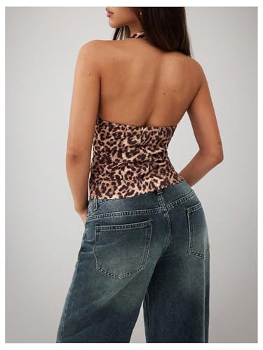 SHENHE Women's Y2K Leopard Print Halter Bustier Corset Deep V Backless Sexy Crop Top2