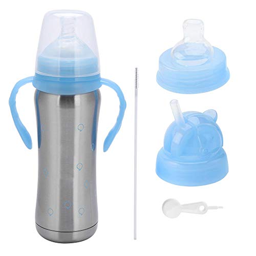 Taza de alimentación infantil aislada para bebés de acero inoxidable de 240 ml con 3 tapas y manija(Azul)