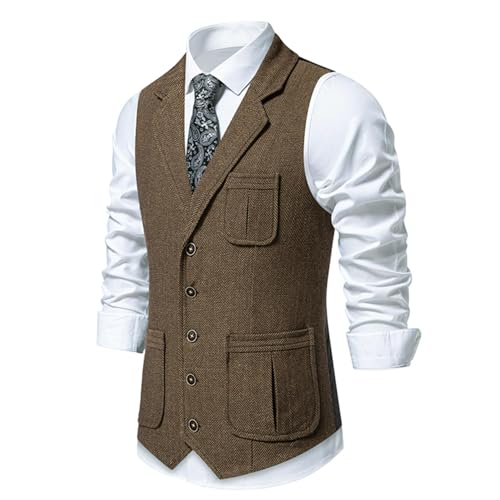 Men's Slim Fit Waistcoat Vest Sleeveless Laple Herringbone Tweed Wool Suit Vest Single Breasted Jacket with Pockets