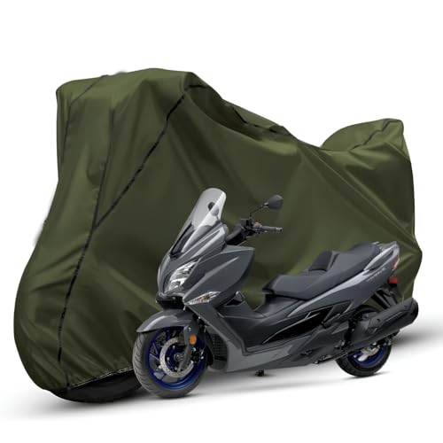 Image of Waterproof Bike Body Cover Compatible with Suzuki Burgman Dustproof Scratchproof - Motorcycle Cover for Two Wheeler, Outdoor Full Cover with UV, Duty, Rain Protection (Olive with Black) R1