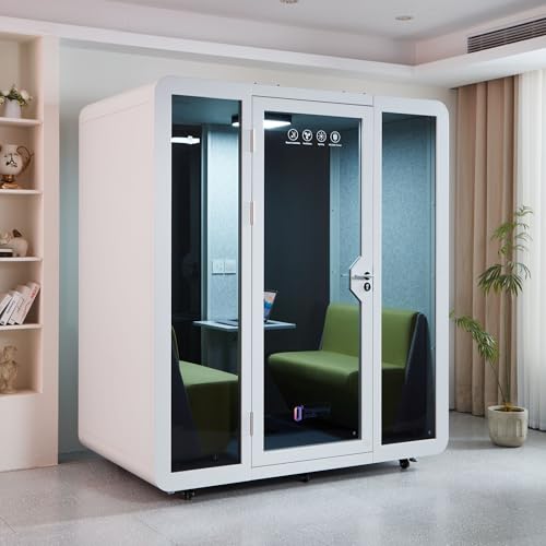 GEARONIC Mobile Office Pod Booth, Sound Proof Office Pod Booth with Mobile Roller, Larger Space for 2-4 People, LED Lighting System,Fans and AC USB Ports(White-Grey)