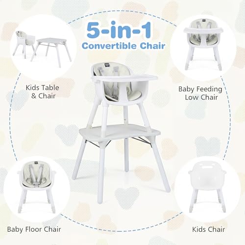 Image of BABY JOY High Chair, 5 in 1 Convertible Highchair for Babies & Toddlers | Booster Seat | Table and Chair Set | Infant Feeding Chair with Removable Tray, Safety Harness, Removable Cushion (White)