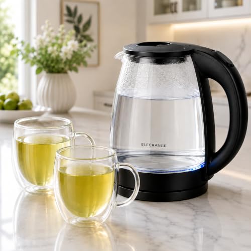 Image of 2L Borosilicate Glass Electric Kettle with 2 Double-Wall Glass Cups, 250ml Each,COMBO SET | Blue LED, Auto Shut-Off & 360 Swivel Base | For Home,Office and Gifting (TRANSPARENT WITH CUPS)