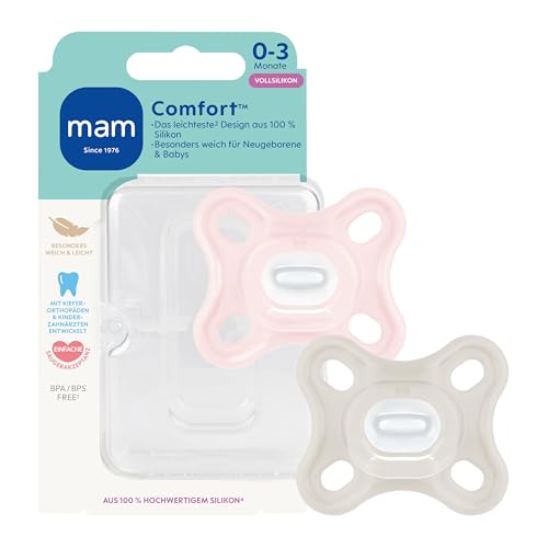 MAM Comfort Schnuller | 0-3 Monate | Schnuller für Frühgeborene und Neugeborene | stillfreundlicher Babyschnuller | besonders klein & leicht | extra sanft | 100% Silikon | rosa/beige | 2 Stück