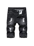 PASOK Men's Casual Denim Shorts Distressed Stretchy Jeans Shorts Ripped Short Pants Black 1208-38