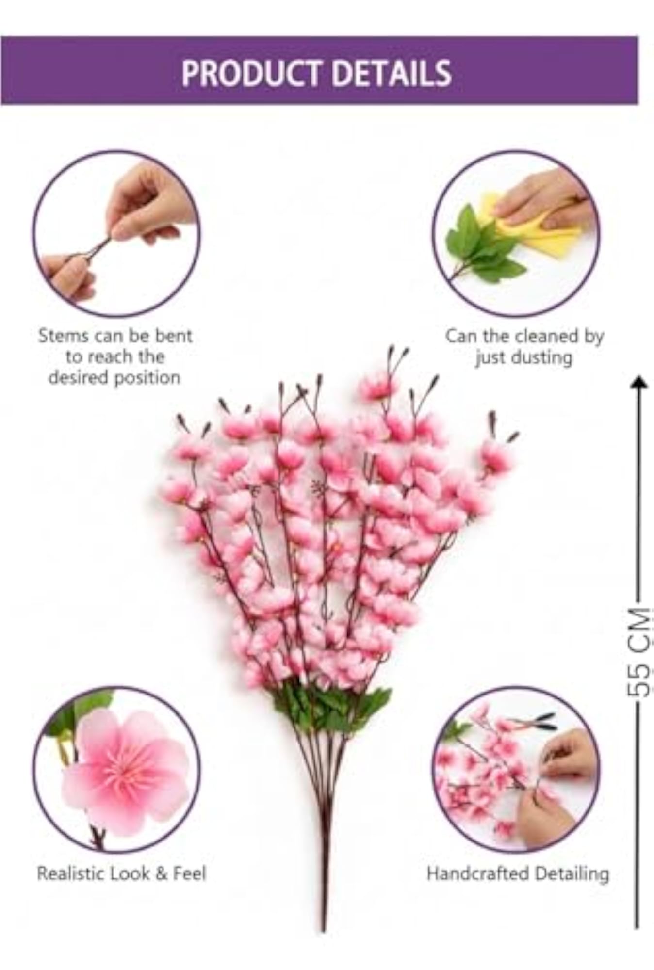 Artificial Pink Cherry Blossom Flower, 55 CM Silk Bunch with Bendable Stem