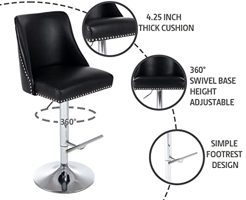Kmax Leather Bar Stools Swivel Adjustable Counter Height Stools With Silver Base Nailhead Footrest For Kitchen Island, Set Of 4- Black #TOP3