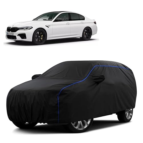 Image of Sulfar 100% Water Resistant Car Body Cover Compatible with Mirror for BMW M5 (Triple Stitched, Full Bottom Elastic, Black Tafetta with Blue Piping)