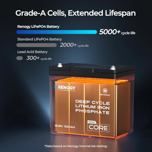 Image of Renogy 12V Lithium Battery 100Ah Self Heating LiFePO4 Battery, 5000+ Deep Cycles Group 22NF 100A BMS IP65 Waterproof for Icefishing Solar System Camper RV Trolling Motor Boat 2 Pack