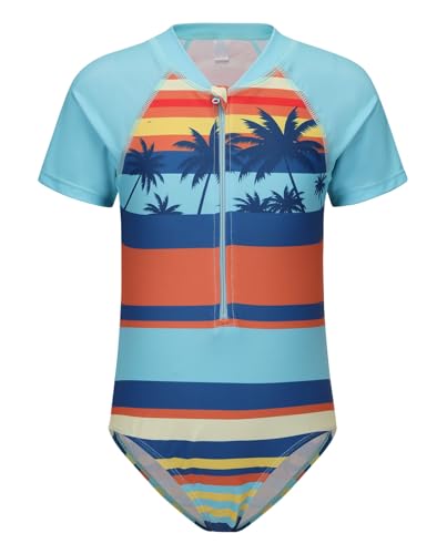 Image of Girls One Piece Rash Guard Swimsuits for Girl Short Sleeve Bathing Suits with Front Zipper Sun Protection Swimwear 3-16 Years