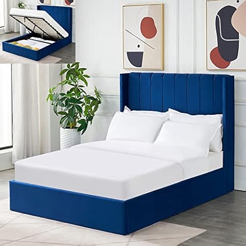 Abreo Vertical Panelled Bed Frame Ottoman Gas Lift Storage Upholstered Grey Navy Beige Velvet Small Double Double and King Size (Navy Velvet, Double (UK Standard)) Cover