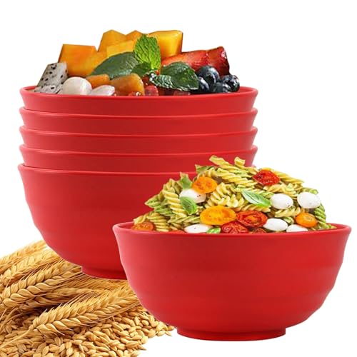 YuanQ 6 Pcs Unbreakable 8 inch Wheats Straw Bowl Lightweight Dishwasher & Microwave Safe Bowls Big Bowls for Camping and Picnic (Red)