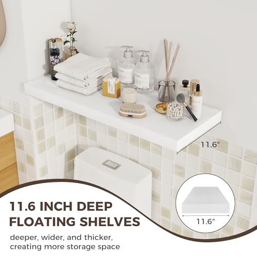 Image of Fun Memories Deep Floating Shelves, 32W x 12D White Wall Shelves, 32 Long Rustic Wood Wide Storage Shelves for Bedroom, Kitchen, Farmhouse, Laundry Room, Bedroom, Kitchen, Home Office- Set of 2