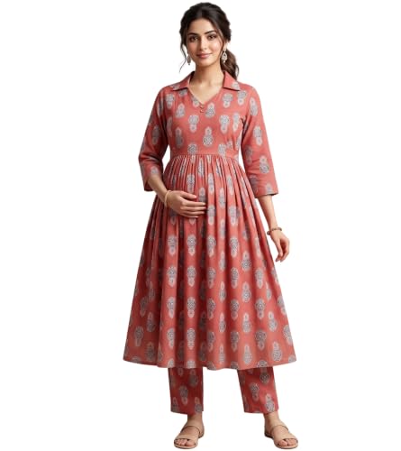 Image of DUMMY SHAPE Maternity Dresses for Women Cotton | Floral Kurta Pant Dupatta Set with Nursing Zippers, Side Pocket | Pre & Post Pregnancy | Feeding Kurti Suit | Baby Shower | Gifts for Pregnant Woman