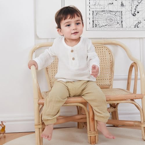 Image of VISGOGO Toddler Boy Linen Outfit Baby Boy Fall Winter Clothes Set Button-Down Shirt Tops Cotton Linen Pants 2PCS