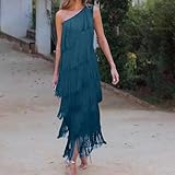 Vestido de cuello diagonal para mujer con borlas multicapa para uso diario (XL azul pavo real)