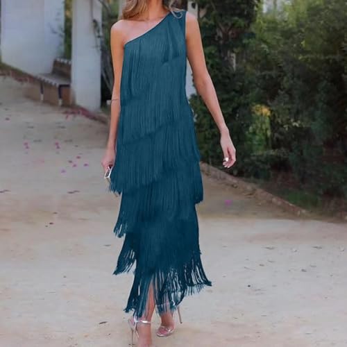 Vestido de cuello diagonal para mujer con borlas multicapa para uso diario (XL azul pavo real)