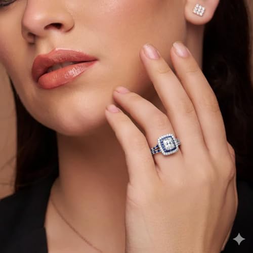 Image of 55Carat Choose Your Gemstone Double Band Square Halo Diamond CZ Ring 925 Sterling Silver Round Shape Halo Engagement Rings Everyday Jewelry Wedding Jewelry Handmade Gifts for Wife US Size 4 to 12