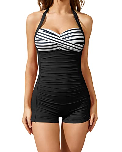 Image of Tempt Me Women Tummy Control One Piece Swimsuits with Shorts Boyleg Retro Bathing Suit Halter Swimwear