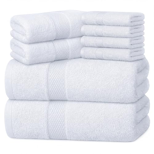 Infinitee Xclusives Luxury 100% Cotton Towel Set – 8 Piece Bathroom Towel Set (2 Bath Towels, 2 Hand Towels, 4 Washcloths) – Soft & Absorbent Towels for Bathroom (Brilliant White)