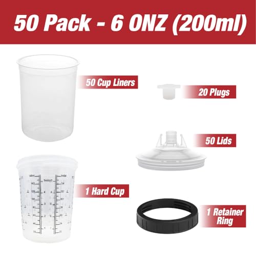 Image of LAUCO Disposable Spray Gun Paint Cups Kit - 50 Pack Liners & Lids with 125 Micron Strainer, Hard Cup, Retainer Ring & Plugs (200ml / 6oz)