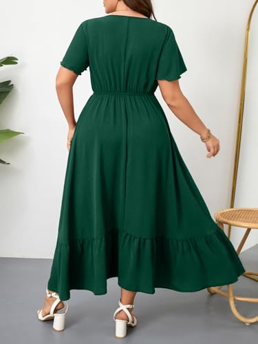 Image of RWJ Women Plus Size Maxi Dress V Neck Short Sleeve Button Trim Split Flowy Tiered Casual Long Dresses 2025 L-3XL