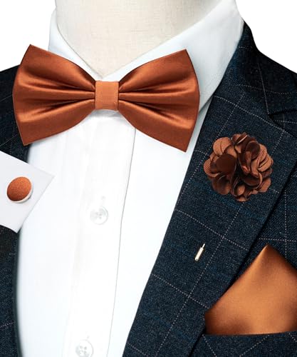 Image of RBOCOTT Solid Color Bow Tie and Pocket Square with Lapel Pin Cufflinks Set 4PCS