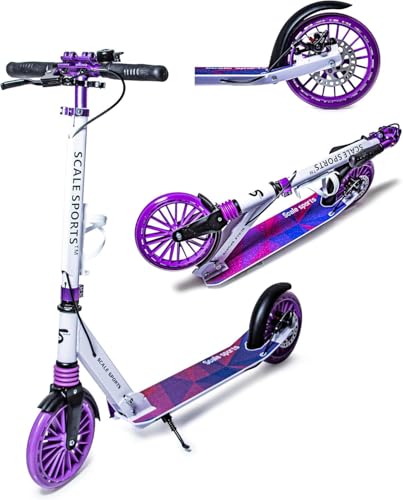Scale Sports – Klappbarer Tretroller für Erwachsene bis 100 kg, Jugendliche und Kinder ab 7 Jahren mit Schutzblech- und Scheibenbremse, Leichter Scooter mit Tragegurt, Flaschenhalter und Klingel Lila