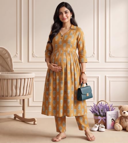 Image of DUMMY SHAPE Maternity Dresses for Women Cotton | Floral Kurta Pant Dupatta Set with Nursing Zippers, Side Pocket | Pre & Post Pregnancy | Feeding Kurti Suit | Baby Shower | Gifts for Pregnant Woman
