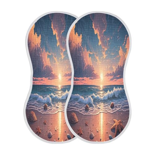 J JOYSAY Beach Sunset Orange Baby Burp Cloths for Boys Girls Large 22''x11'' Cotton 4 Layer Baby Spit-Up Rags for Girl Drool one sizex2